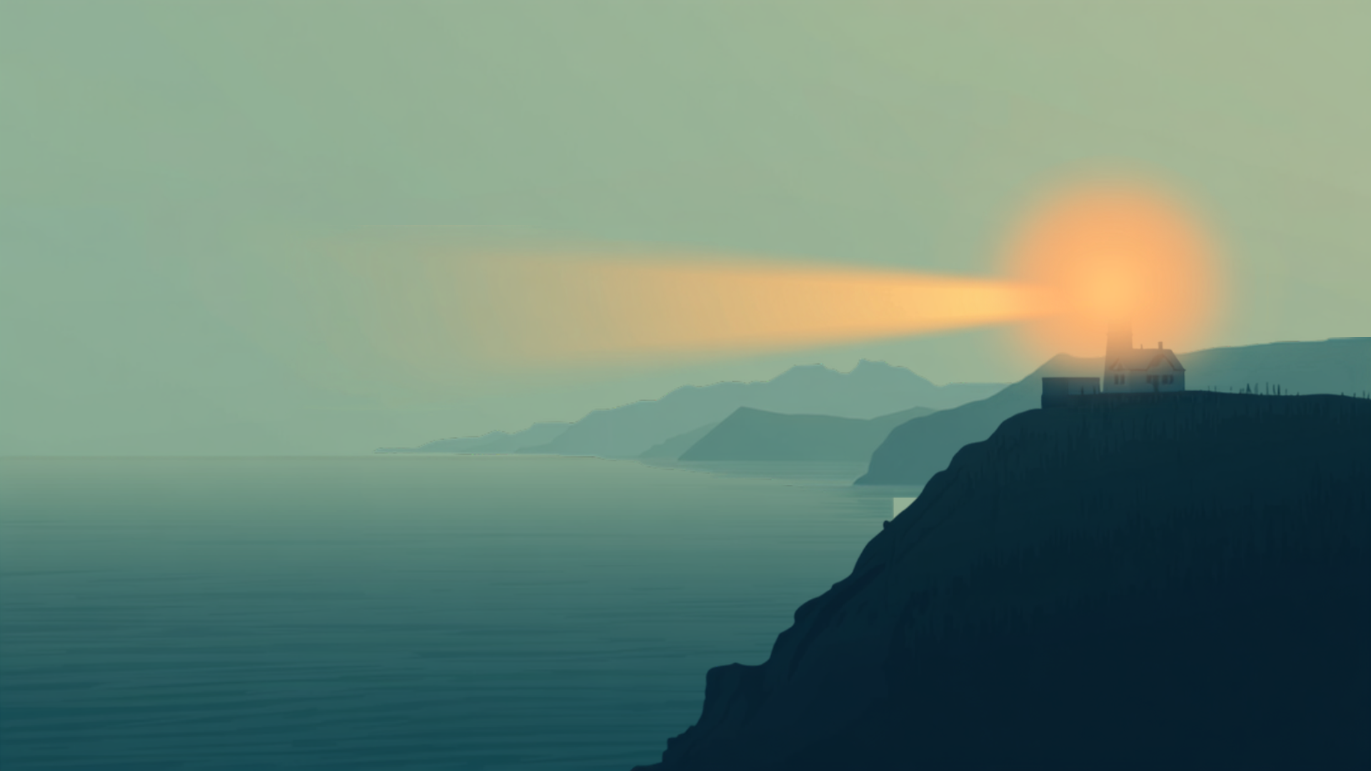 Ilustração de um farol junto ao mar, ao amanhecer, com o feixe de luz aceso